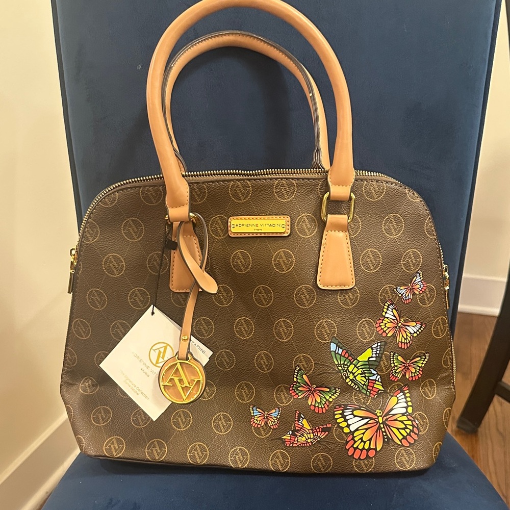 NWT Adrienne  Vittadini Brown Satchel with Butterfly Design